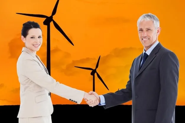 A handshake between a US investor and a Mexican renewable energy developer, with a wind turbine background, symbolizing successful partnership and investment.