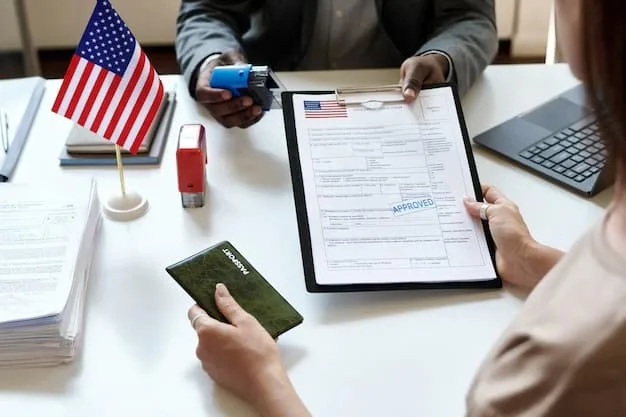 An immigration attorney reviews documents with a Mexican immigrant, pointing to a section on the I-485 form, emphasizing meticulous preparation.