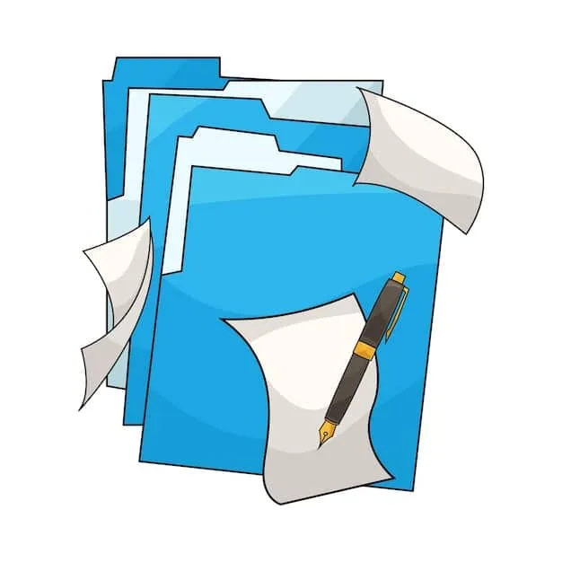 A detailed, stylized illustration of a stack of legal documents and forms with a pen resting on top, signifying new immigration policy guidelines. A small American flag is subtly integrated into the background.