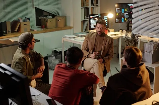 A diverse group of professionals in a modern office, engaged in a cybersecurity awareness training session, with digital security icons floating around.