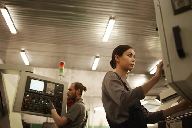 A modern manufacturing facility in Mexico with US and Mexican flags displayed prominently, showcasing advanced machinery and a diverse workforce collaborate. Bright, well-lit interior.