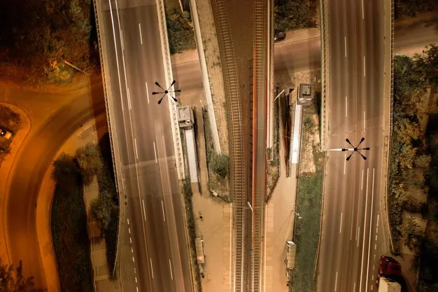 A bustling logistics hub in Mexico, with semi-trucks, trains, and warehouses under construction, symbolizing growing infrastructure and supply chain activity. Dynamic, industrial, wide shot.