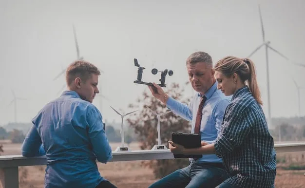 Engineers reviewing schematics for a new wind turbine project, demonstrating the technical expertise and planning involved in renewable energy investments.