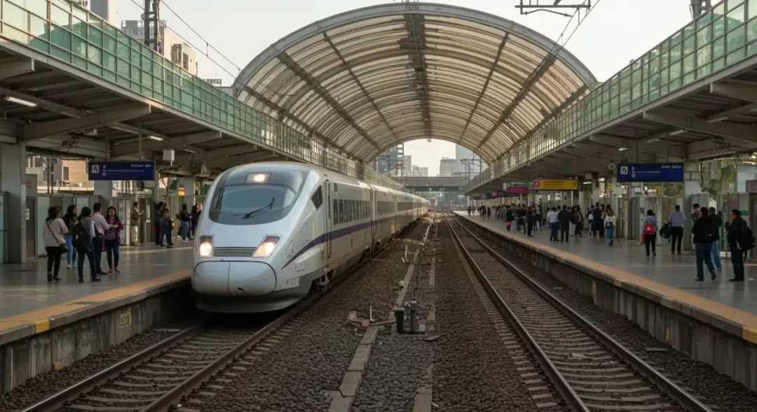 High-speed train at a modern railway station in Mexico.