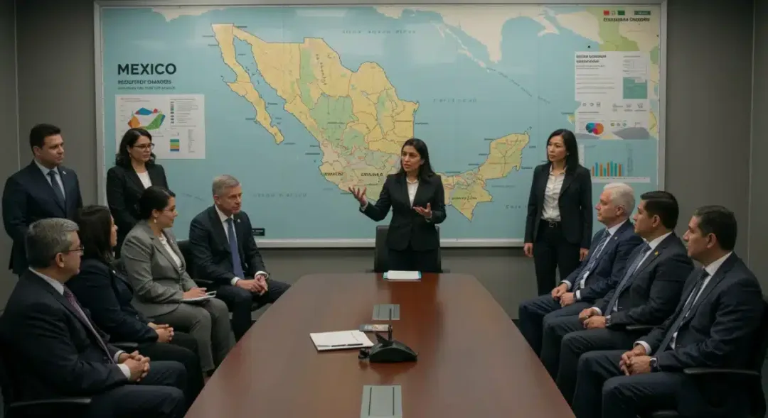 International business executives reviewing legal documents concerning Mexican investment regulations.