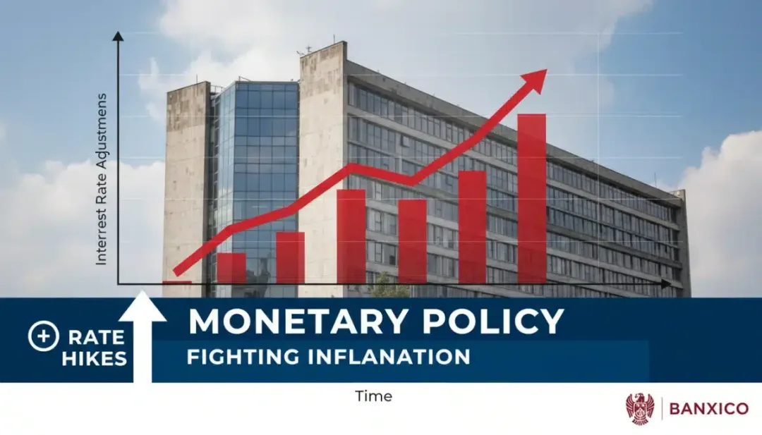 Banco de México building with an overlay of interest rate hike charts, representing monetary policy.