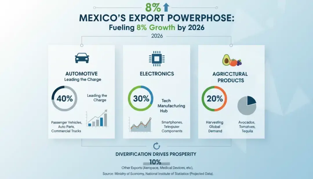 Infographic detailing key Mexican export sectors contributing to 8% growth in 2026.