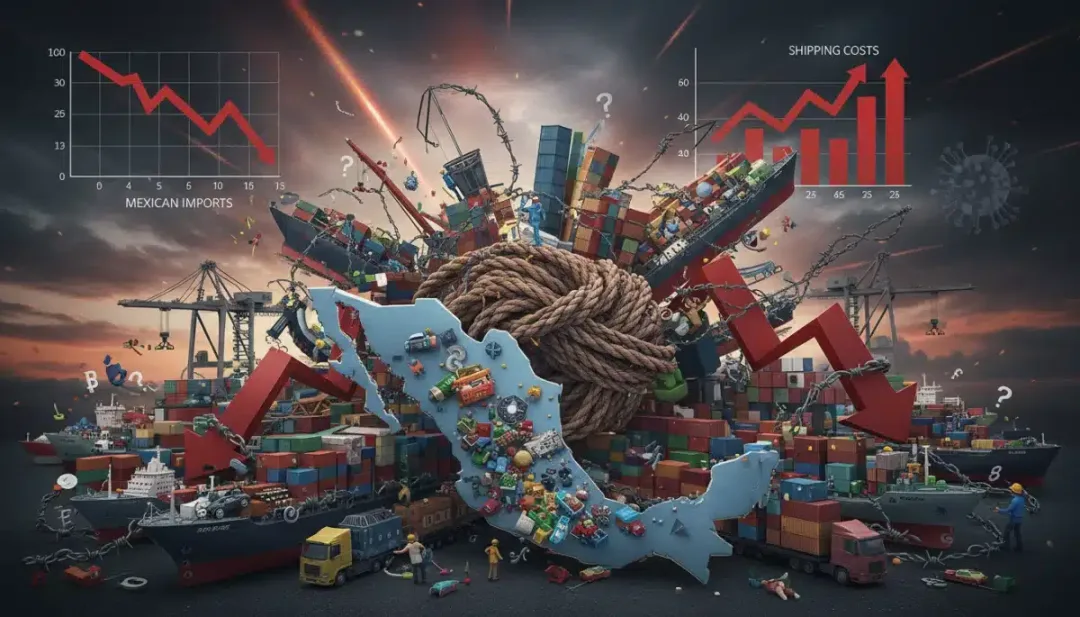 Visualizing global supply chain disruptions affecting Mexico's imports and economic stability.