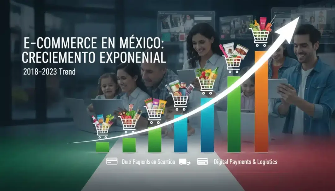 Infographic showing the booming e-commerce market in Mexico with upward trends and consumer interaction.