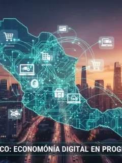 Stylized map of Mexico with digital network, e-commerce, and fintech icons, symbolizing the growth of Mexico's Digital Economy.