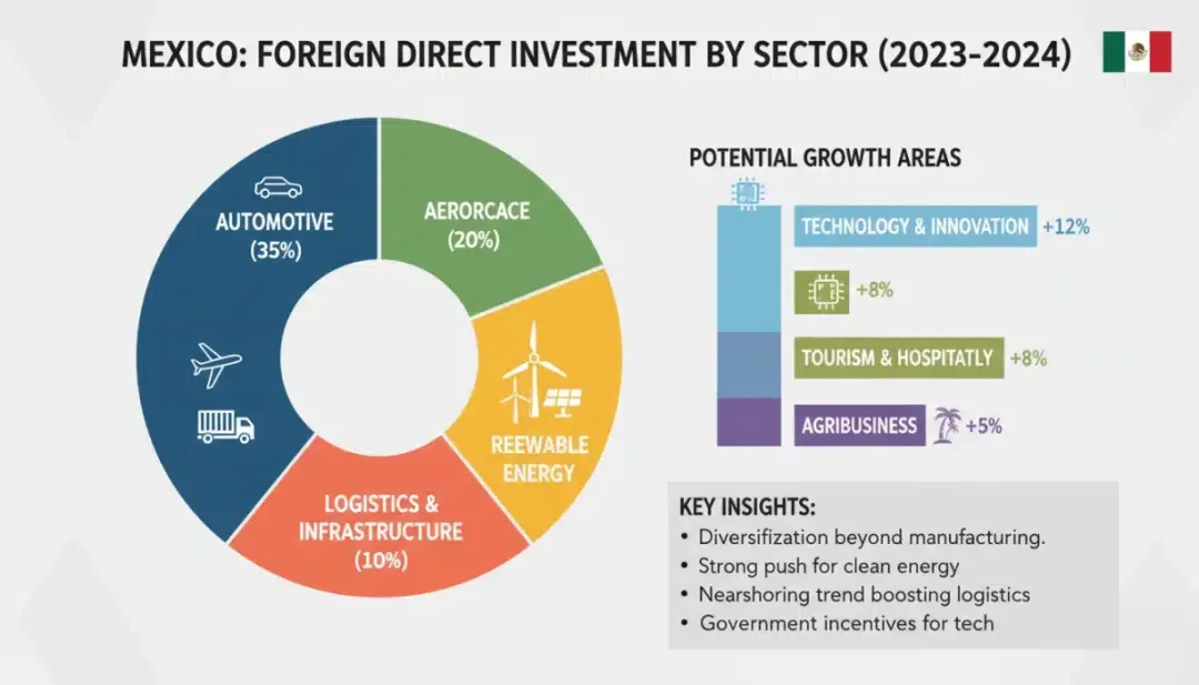 Infographic detailing sectoral distribution of Foreign Direct Investment in Mexico