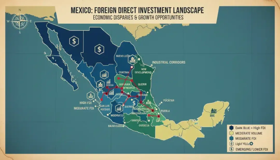 Map of Mexico showing regional distribution of Foreign Direct Investment