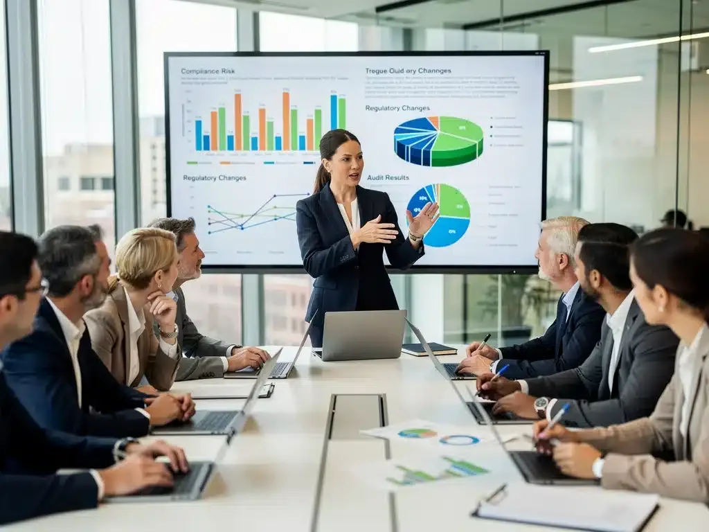 Business professionals discussing compliance strategies in a meeting room
