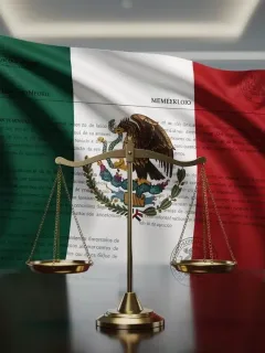 Mexican flag with legal documents and balance scale, representing anti-corruption measures and compliance