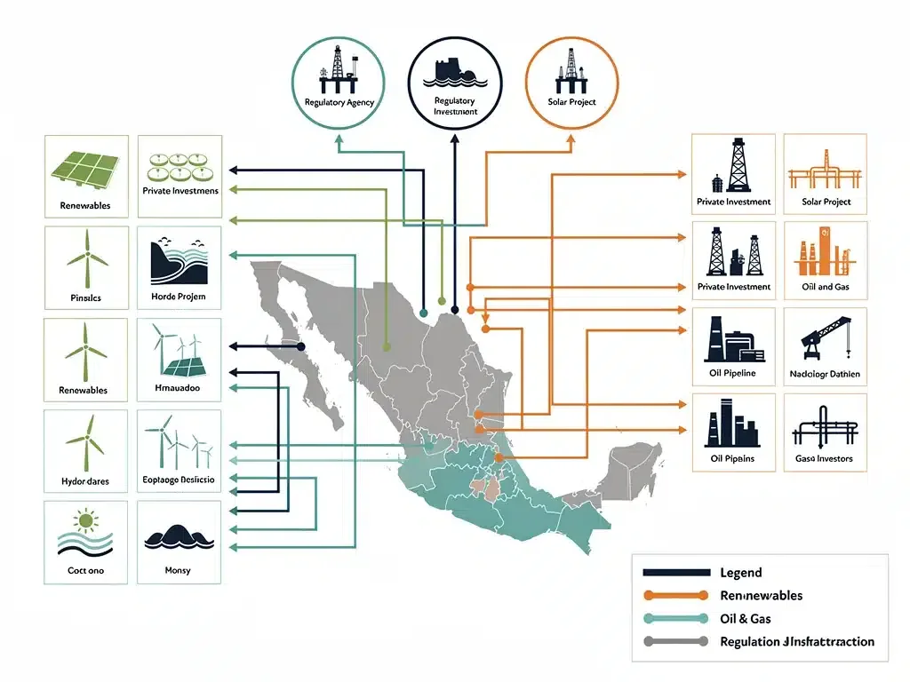 Infographic illustrating Mexico's energy sector interconnections and investment flows.