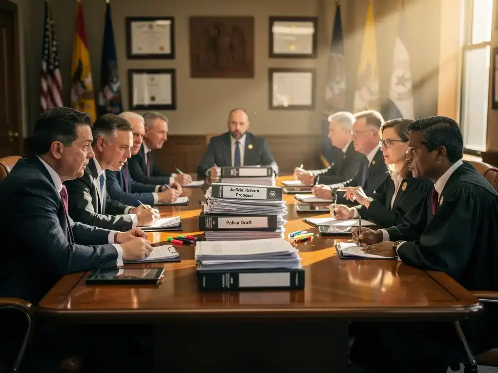 Legal professionals discussing judicial reform documents