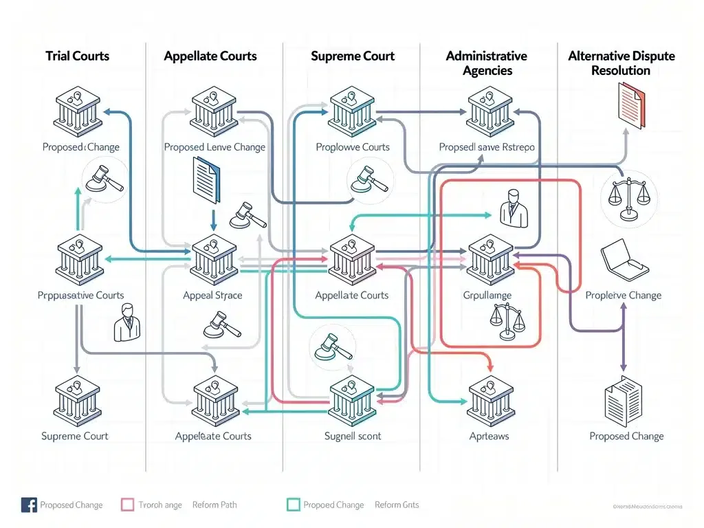 Complex legal flowchart illustrating judicial process changes