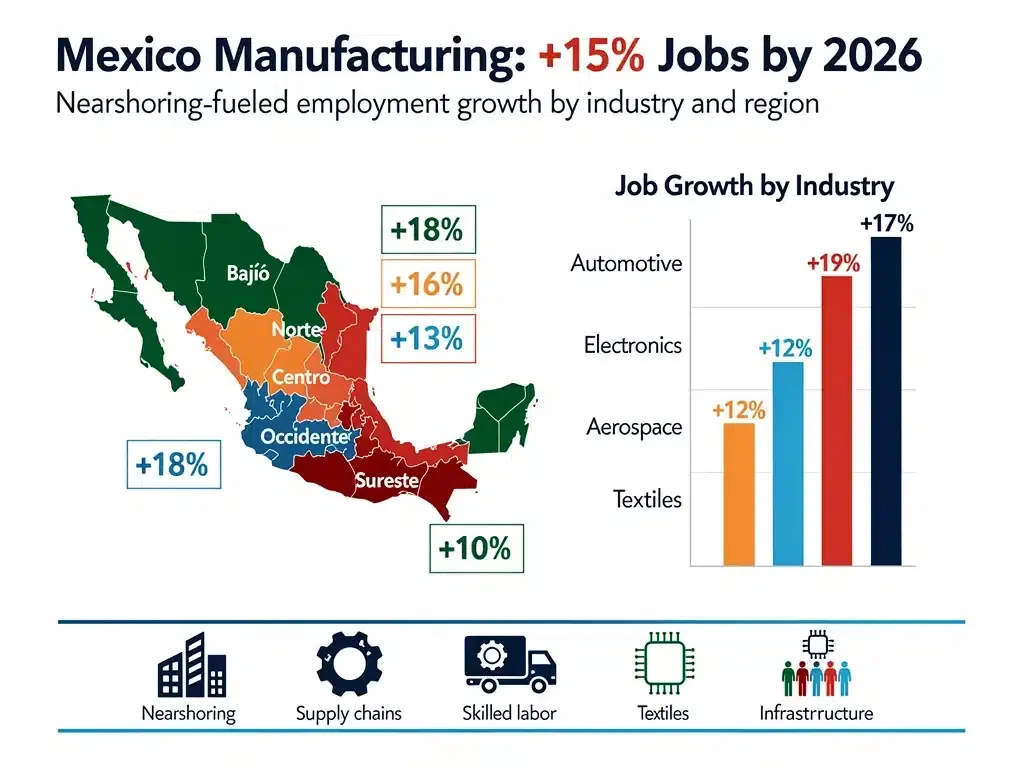 Infographic showing 15% job creation in Mexico's manufacturing sector by 2026