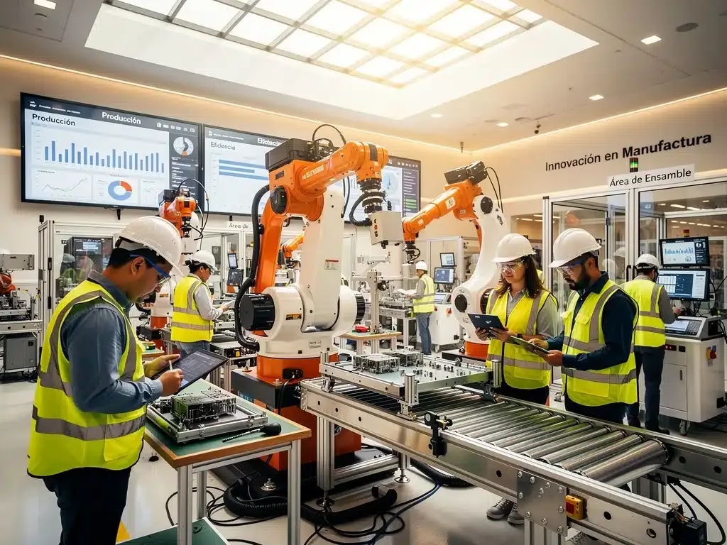Modern manufacturing plant in Mexico with robotics and diverse workforce