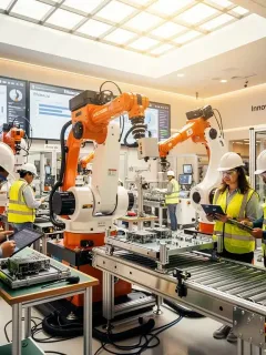 Modern manufacturing plant in Mexico with robotics and diverse workforce