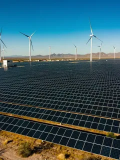 Solar panels and wind turbines representing Mexico's renewable energy future
