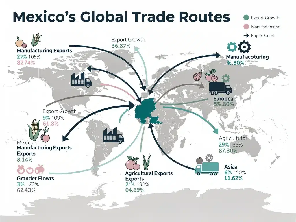 Infographic illustrating Mexico's export routes and major global trade partnerships in 2026.