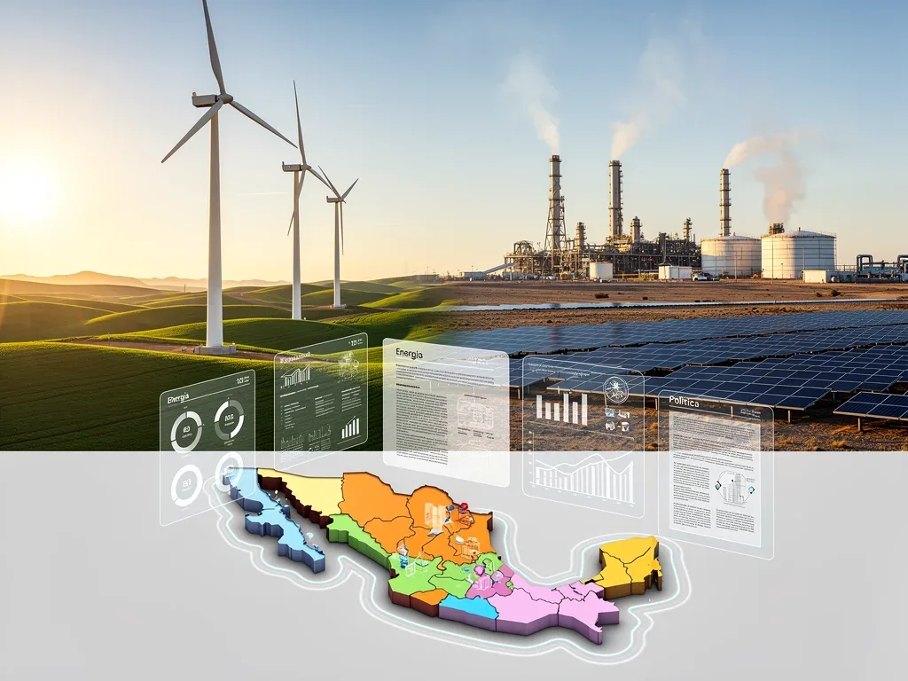 Modern Mexican energy landscape with renewable and traditional sources, symbolizing policy shifts for U.S. businesses.