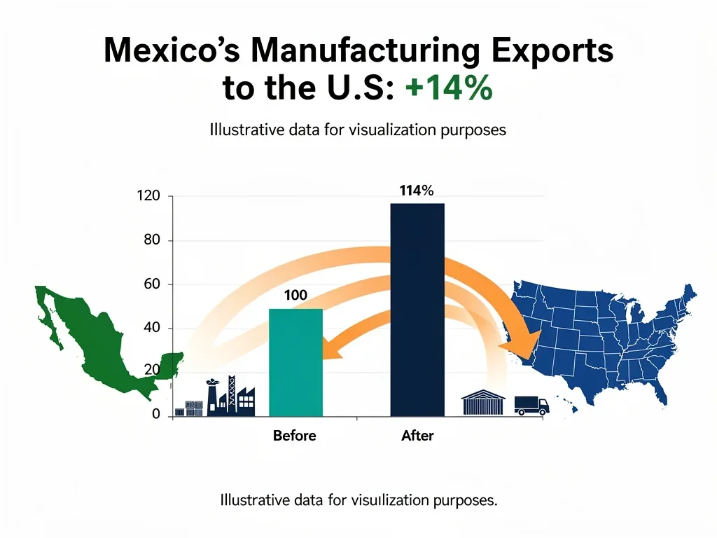 Infographic illustrating a 14% increase in Mexico's manufacturing exports to the U.S. due to nearshoring.