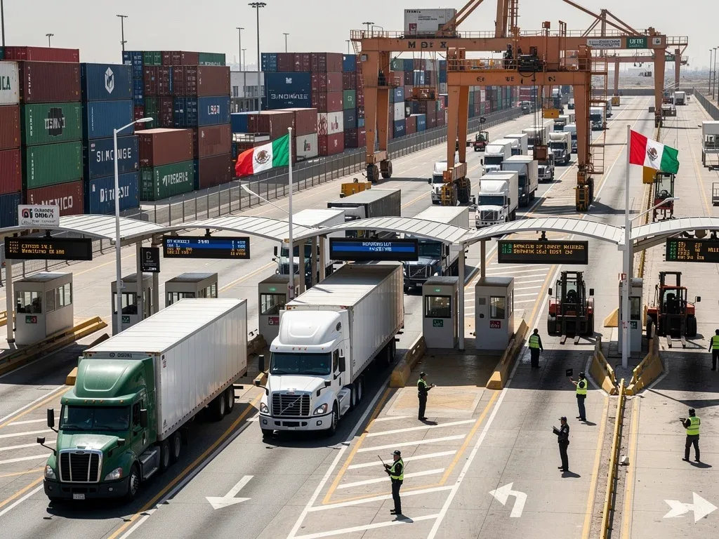 U.S.-Mexico border crossing with efficient logistics, symbolizing strengthened supply chains.