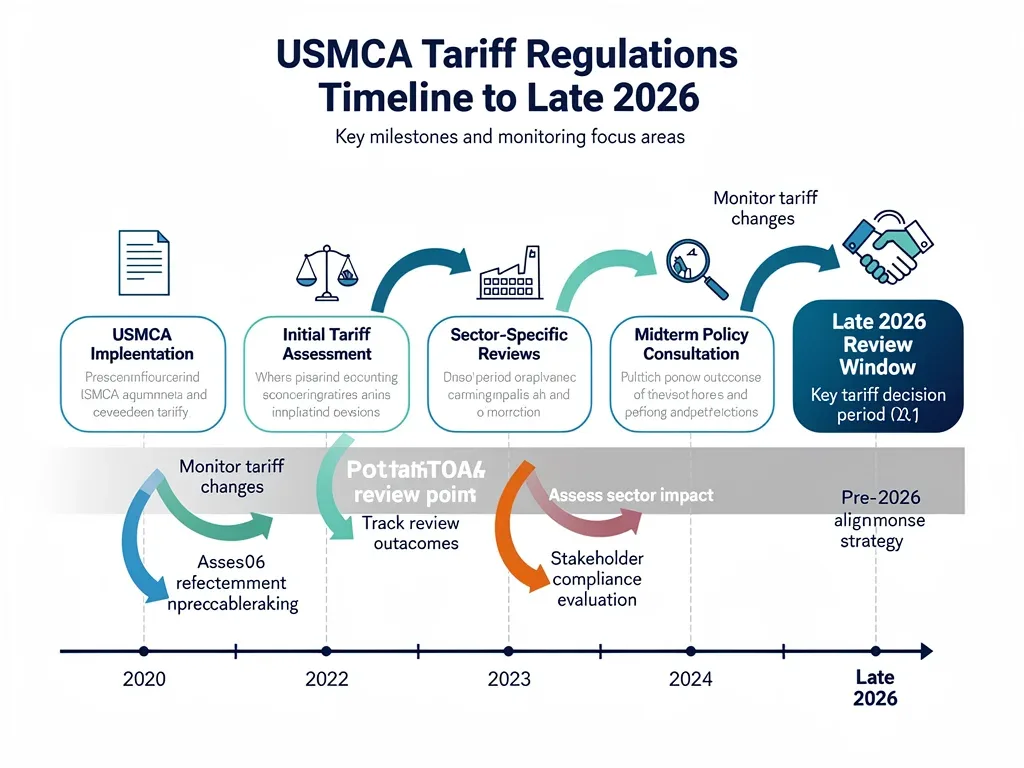 Infographic depicting the USMCA Joint Review timeline and critical tariff regulation monitoring points.