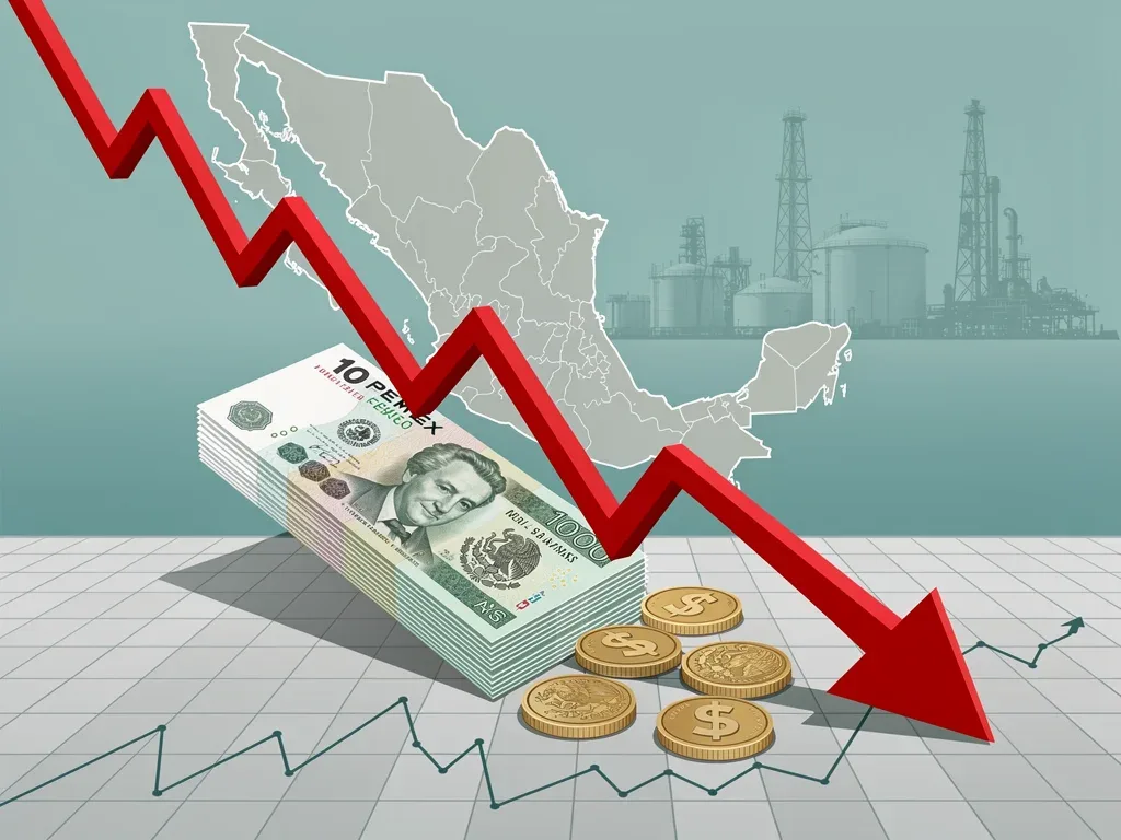 Mexican pesos affected by downward financial trend, symbolizing fiscal challenges.