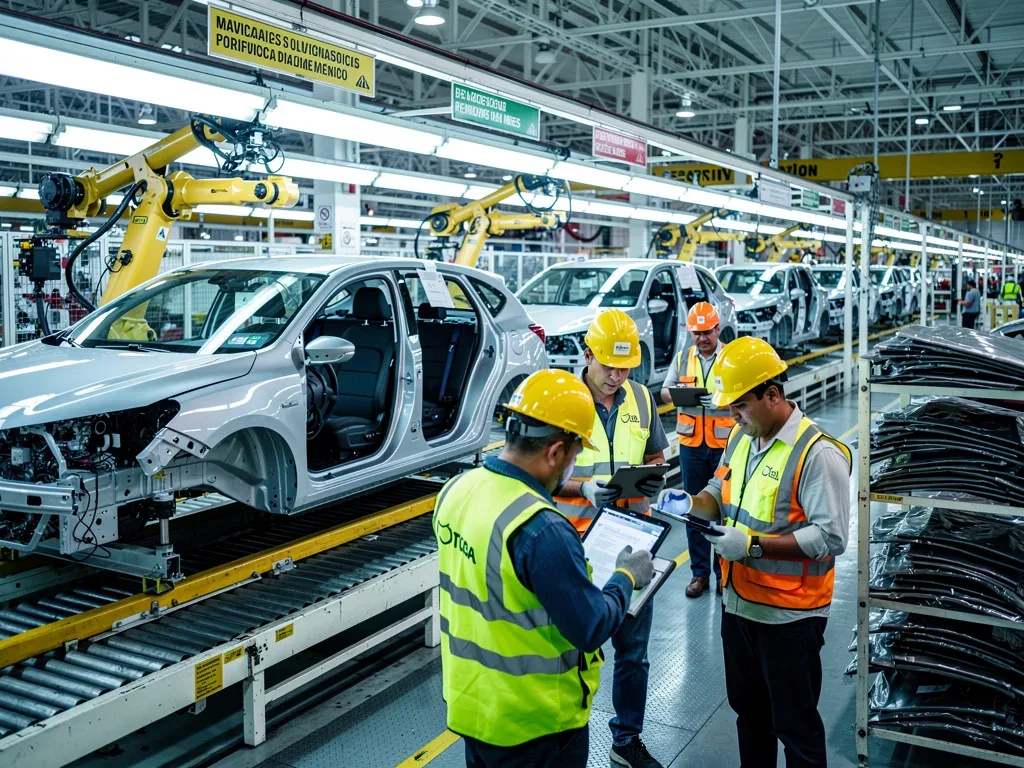 Automotive assembly line in Mexico with workers, illustrating key manufacturing sector's contribution.