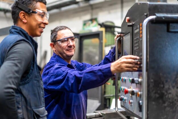 Factory workers in a modern facility in Queretaro, Mexico, assembling complex machinery parts, demonstrating skill and precision.