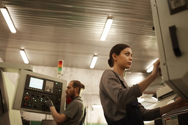 A modern manufacturing facility in Mexico with US and Mexican flags displayed prominently, showcasing advanced machinery and a diverse workforce collaborate. Bright, well-lit interior.