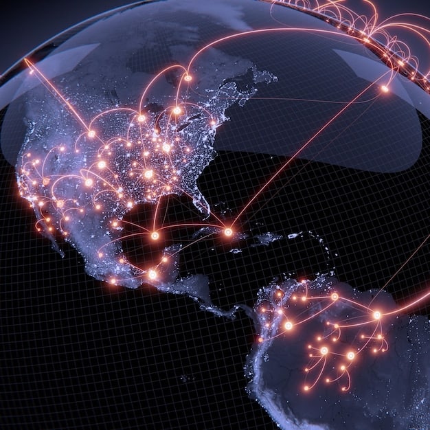 A supply chain network diagram illustrating seamless logistics between the US and Mexico for pharmaceutical products and medical devices. Symbols representing trucks, planes, warehouses, and factories are interconnected, highlighting efficient cross-border trade.