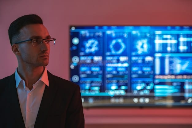 A digital forensic expert analyzing network traffic data on multiple screens in a dimly lit, secure data center, symbolizing cyber incident response.