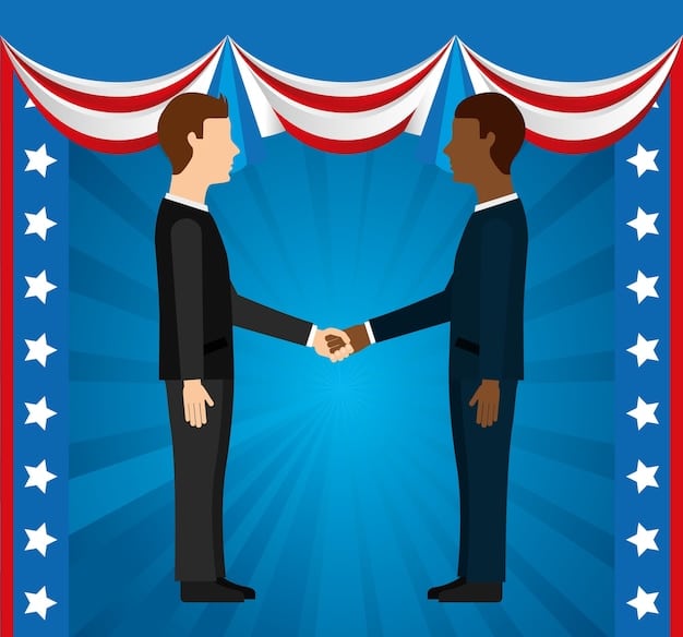 A handshake between a US and Mexican diplomat silhouetted against a backdrop of both flags, symbolizing cooperation and diplomacy.