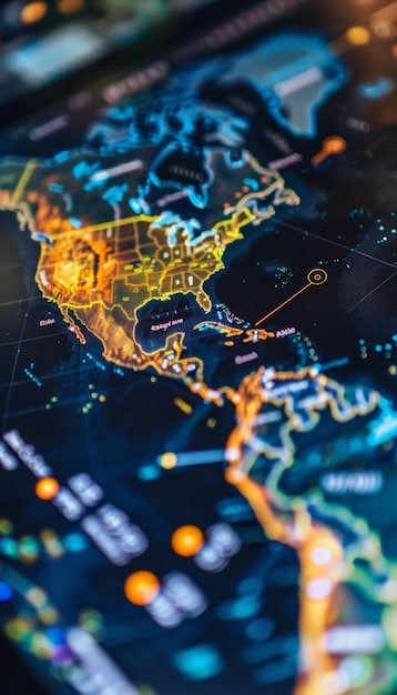 A detailed map of North America highlighting trade routes and manufacturing hubs in Mexico and the US, overlaid with growth arrows, symbolizing enhanced bilateral trade and nearshoring.