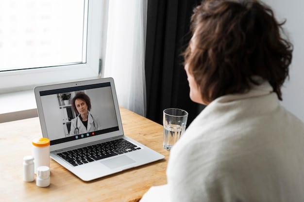 A person on a laptop having a video call with a doctor, symbolizing telemedicine and remote healthcare.