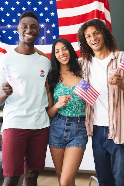 A diverse group of people celebrating and holding small American flags at a naturalization ceremony, symbolizing the successful completion of the citizenship process and community integration.