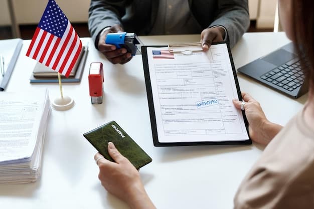 An immigration attorney reviews documents with a Mexican immigrant, pointing to a section on the I-485 form, emphasizing meticulous preparation.