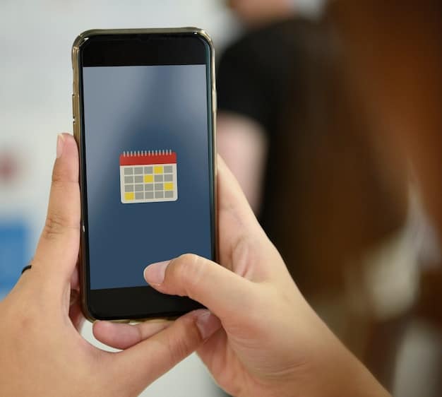 A person's hand holding a smartphone, displaying the MiConsulado appointment booking interface, with a calendar icon, suggesting the online scheduling process.