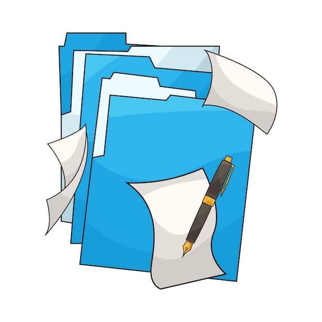 A detailed, stylized illustration of a stack of legal documents and forms with a pen resting on top, signifying new immigration policy guidelines. A small American flag is subtly integrated into the background.