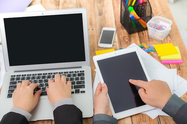 A digital multi-device setup showing a laptop with translation software, a tablet displaying a scanned document, and a smartphone with a messaging app, symbolizing the streamlined and modern approach to professional document translation.