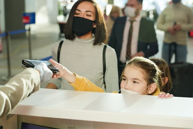 A family presenting passports to an immigration officer at an airport counter, with travel bags nearby.