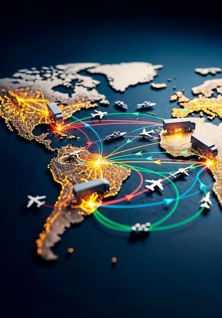 A stylized map showing economic routes and connections between Mexico and the US, emphasizing trade and nearshoring.