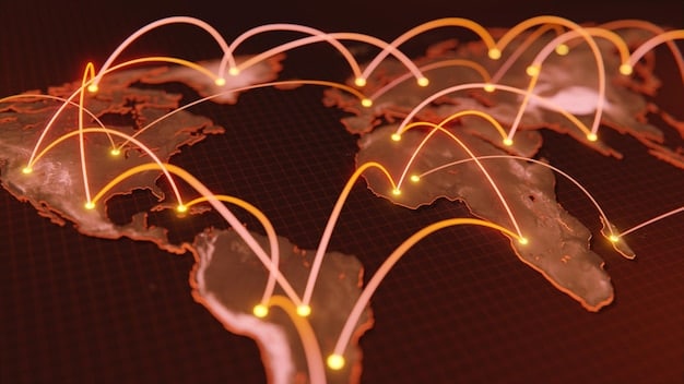 A detailed infographic showing interconnected global supply chain routes, with Mexico prominently featured as a key node, arrows indicating flow of goods and information.