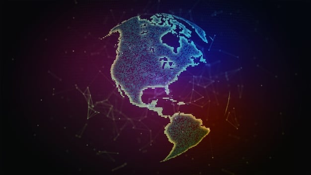 A stylized map of North America highlighting trade routes between the US and Mexico, overlaid with digital network lines and tech symbols, emphasizing economic collaboration.
