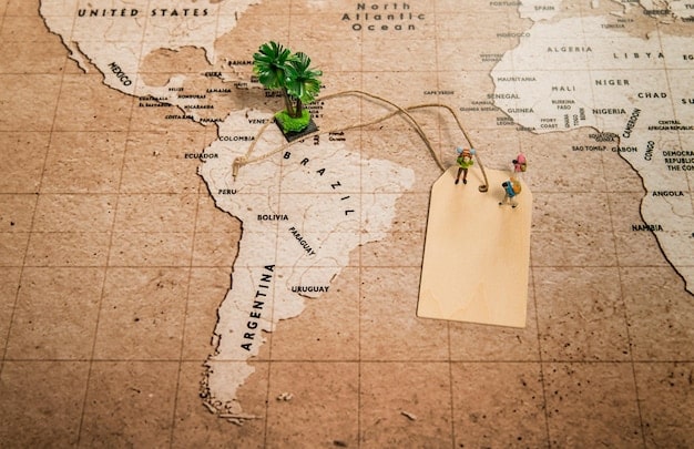 A detailed map highlighting Mexico's trade routes and diplomatic relationships within North and South America, with subtle arrows indicating economic and political flows.