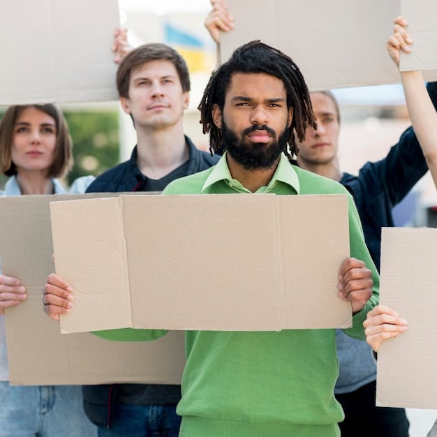 A diverse group of Mexican citizens participating in a peaceful protest, holding signs advocating for social justice and transparency in government.